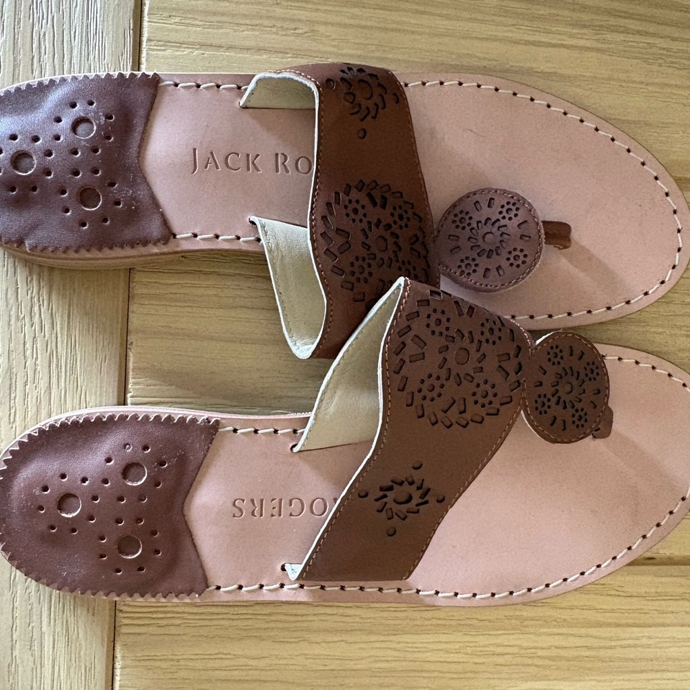 Jack Rogers Brown Leather Cutout Slide Sandals